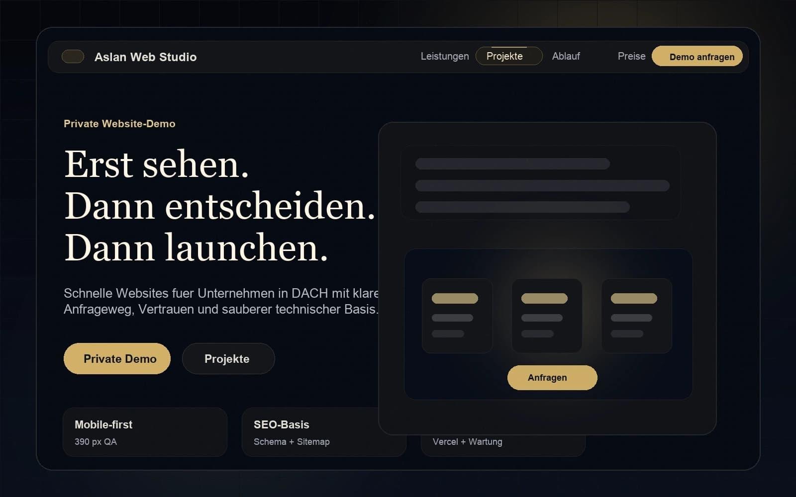 Desktop-Website-Mockup von Aslan Web Studio mit dunkler Premium-Startseite