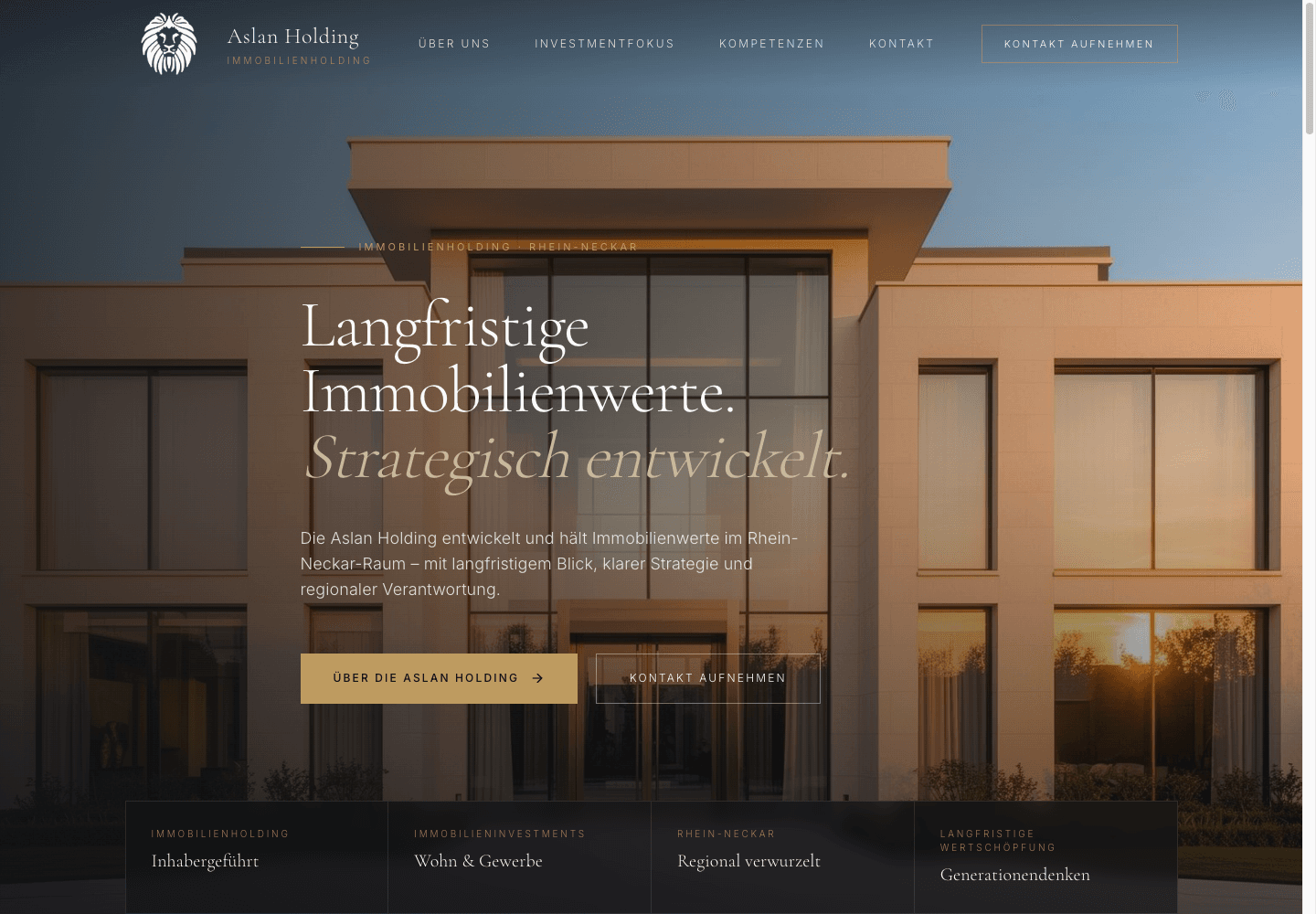 Screenshot der Aslan Holding Website mit Corporate-Hero und Investmentpositionierung