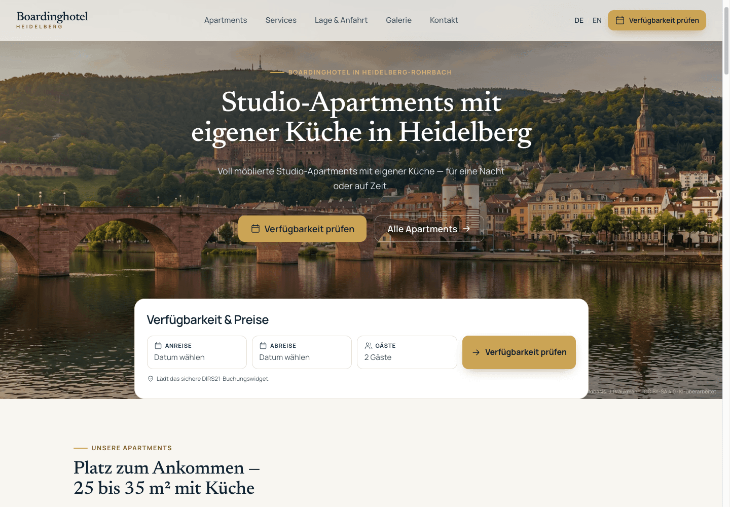 Screenshot der Boardinghotel Heidelberg Website mit Apartment-Hero, Buchungsbereich und Lage-Modul