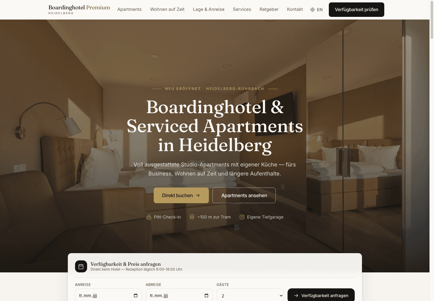 Screenshot der Boardinghotel Premium Website mit Hero, Buchungs-CTA und Premium-Interieur